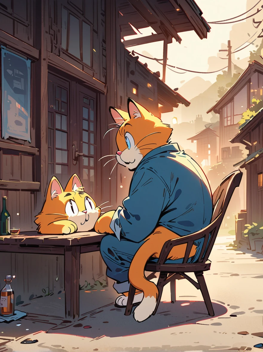 masterpiece, best quality, high res, concept art, illustration, garfield cat, sit on chair, in inn, the setting sun, 8k, cinematic lighting, vibrant colors, male focus