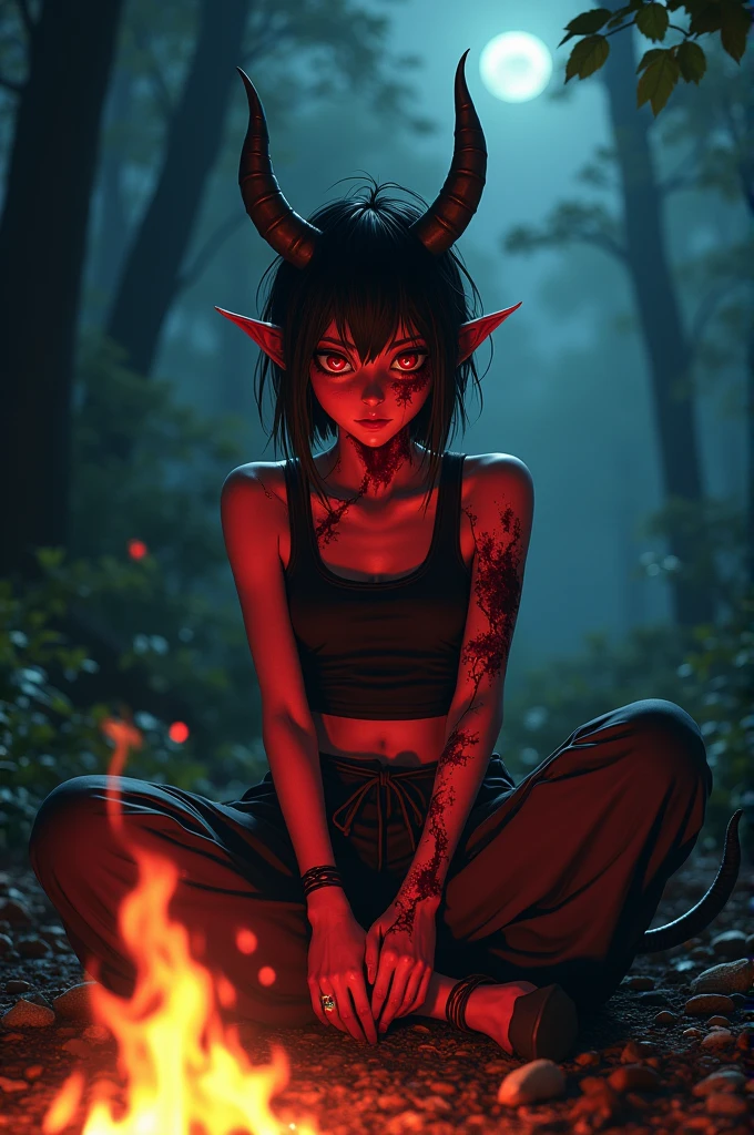 8K, RAW, best quality, masterpiece, ultra high res, colorful, portrait, (medium wide shot), (dynamic perspective), sharp focus , (depth of field, bokeh:1.3), extremely detailed eyes and face, beautiful detailed eyes, 
1girl, female, cute girl, solo, Oni, oni short horns, red skin, slander tail, wide samurai pants, geta footwear, near campfire, lean back, tree, sits across-legged, hands on knees, damaged body, bleeding, fresh scars, (black tank top), looking at viewer, facing viewer, side view, forest background, dark forest, night time, fire, campfire