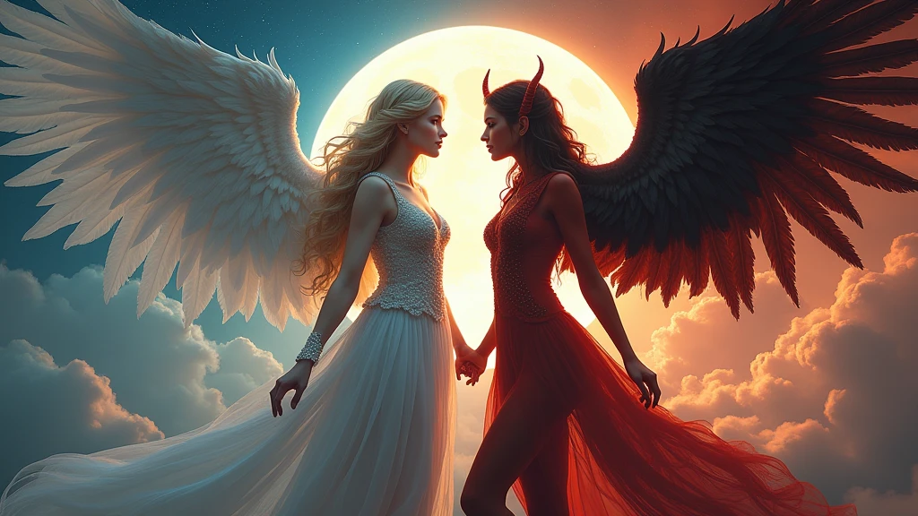 (highest quality, masterpiece, High resolution), 16K, fantasy art, RPG art a facial picture of (((2 women))), BREAK a (1female angel: 1.3) , wearing intricate dress glam dress, (black dress: 1.3) pale skin, ((best details beautiful face: 1.5)) , (blond: 1.2) hair, long hair wavy hair (blue: 1.1) eyes, high heeled boots, large angelic wings, (white: 1.2) angelic wings spread BREAK ((AND)) a (1female demon: 1.3), (red: 1.4) skin, demonic wings, (black: 1.1) demonic wings spread, demonic horns, (red: 1.1) skin, black hair, red eyes, ((best details beautiful face: 1.5)), wearing a intricate dress glam dress, (white dress: 1.3), high heels, in the border between heaven and hell, moon, stars, clouds, god rays, soft natural light silhouette, dynamic angle, photorealism, panoramic view (Masterpiece 1.3, intense details) , Wide-Angle, Ultra-Wide