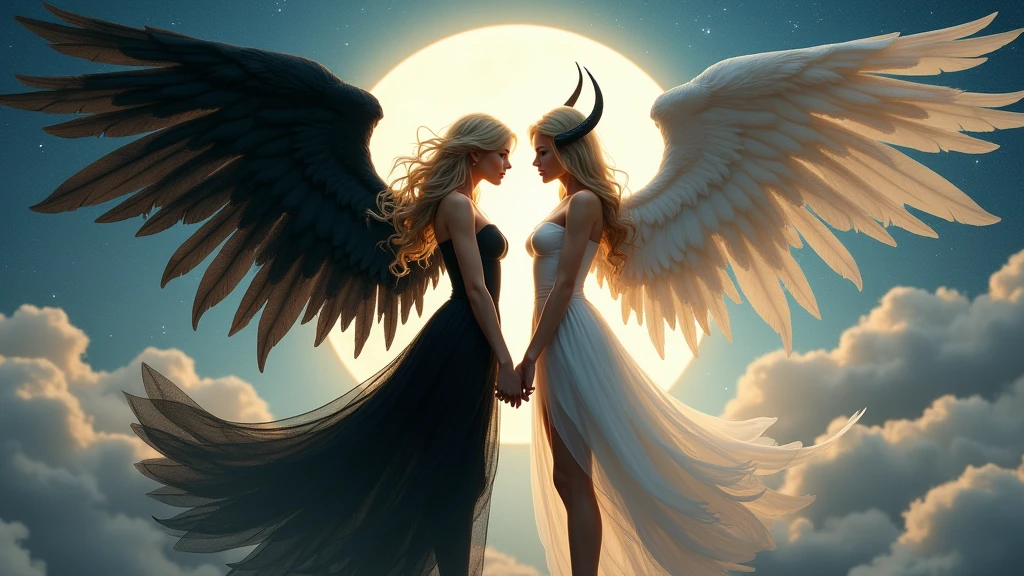 (highest quality, masterpiece, High resolution), 16K, fantasy art, RPG art a facial picture of (((2 women))), BREAK a (1female angel: 1.3) , wearing intricate dress glam dress, (black dress: 1.3) pale skin, ((best details beautiful face: 1.5)) , (blond: 1.2) hair, long hair wavy hair (blue: 1.1) eyes, high heeled boots, large angelic wings, (white: 1.2) angelic wings spread BREAK ((AND)) a (1female demon: 1.3), (red: 1.4) skin, demonic wings, (black: 1.1) demonic wings spread, demonic horns, (red: 1.1) skin, black hair, red eyes, ((best details beautiful face: 1.5)), wearing a intricate dress glam dress, (white dress: 1.3), high heels, in the border between heaven and hell, moon, stars, clouds, god rays, soft natural light silhouette, dynamic angle, photorealism, panoramic view (Masterpiece 1.3, intense details) , Wide-Angle, Ultra-Wide