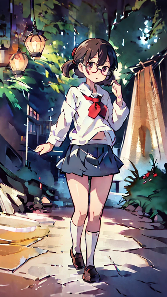 Night、Nsfw、masterpiece, high quality, 4K, HDR,, Stable Diffusion prompt: schoolgirl with short、brown hair and red-framed glasses, wearing a white blouse and navy skirt, white panties visible, navy socks and brown loafers, in a state of arousal and trembling with sexual climax,simple illustration style, in a nichijou (everyday life) setting