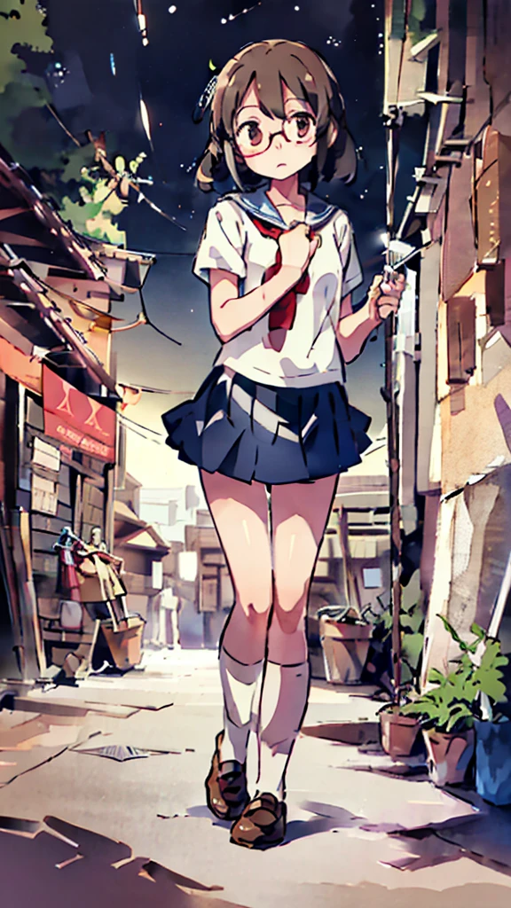 Night、Nsfw、masterpiece, high quality, 4K, HDR,, Stable Diffusion prompt:  schoolgirl with short、brown hair and red-framed glasses, wearing a white blouse and navy skirt, white panties visible, navy socks and brown loafers, in a state of arousal and trembling with sexual climax,simple illustration style, in a nichijou (everyday life) setting