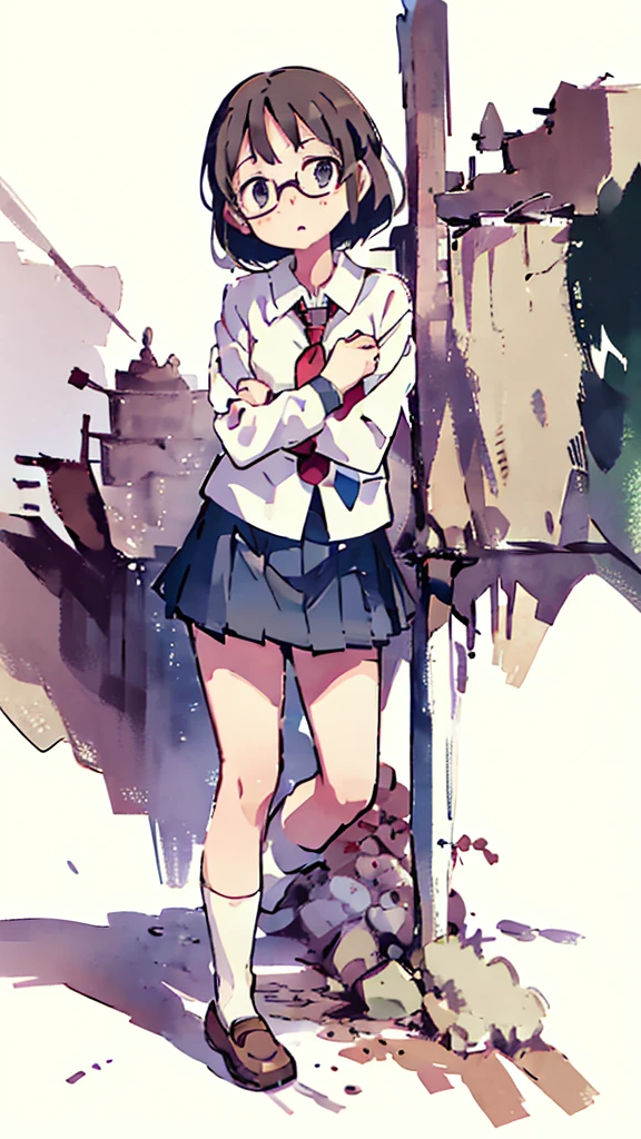 Night、Nsfw、masterpiece, high quality, 4K, HDR,, Stable Diffusion prompt: schoolgirl with short、brown hair and red-framed glasses, wearing a white blouse and navy skirt, white panties visible, navy socks and brown loafers, in a state of arousal and trembling with sexual climax,simple illustration style, in a nichijou (everyday life) setting
