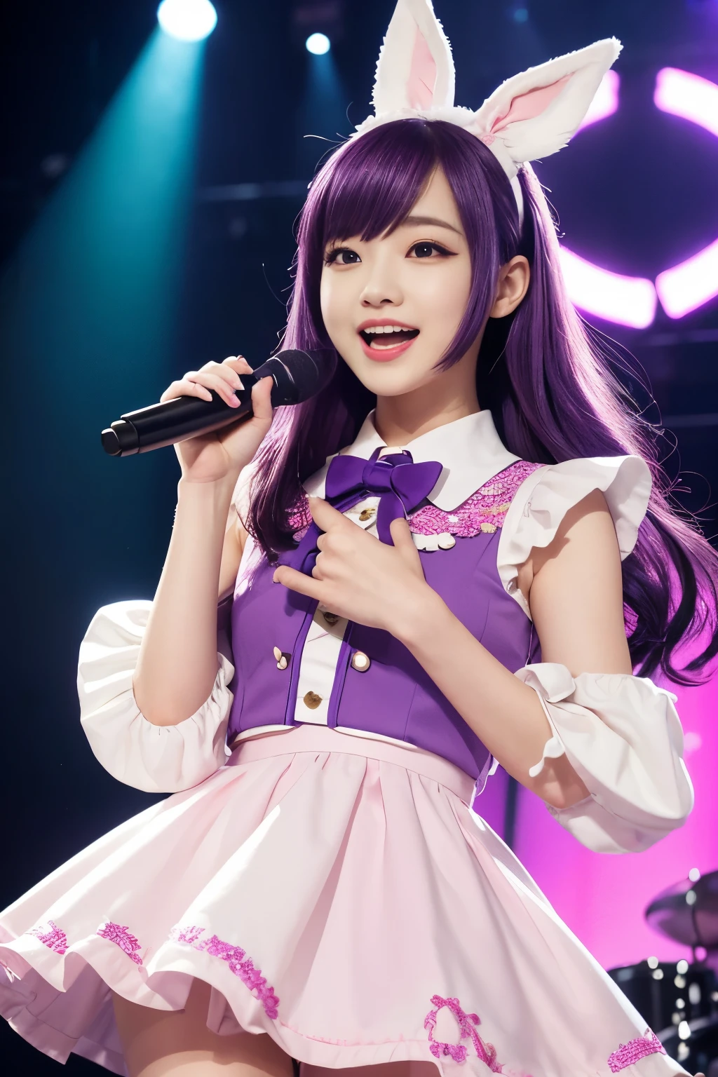 This image contains、At the center is a dynamic and vibrant anime-style female character。She has long, flowing purple hair、She has a cute white rabbit and star-shaped hair accessory.。Large, expressive purple eyes with star-shaped pupils、She is winking with a confident and bright expression.。The character is wearing a bright pink idol outfit.、The sleeves and skirt have ruffles、Accented with white and pale pink details。She has a microphone in her right hand、While holding it up towards your mouth、He is pointing straight at the audience with his left hand.。The background is filled with dynamic colorful patterns and sparkling glitter.、It highlights the energetic and vibrant atmosphere of the concert.。The light source is mainly from the front.、Illuminating her face and upper body、It creates subtle shadows that accentuate the depth and movement of the scene.。The viewpoint is slightly tilted、It adds a sense of action and engagement.。