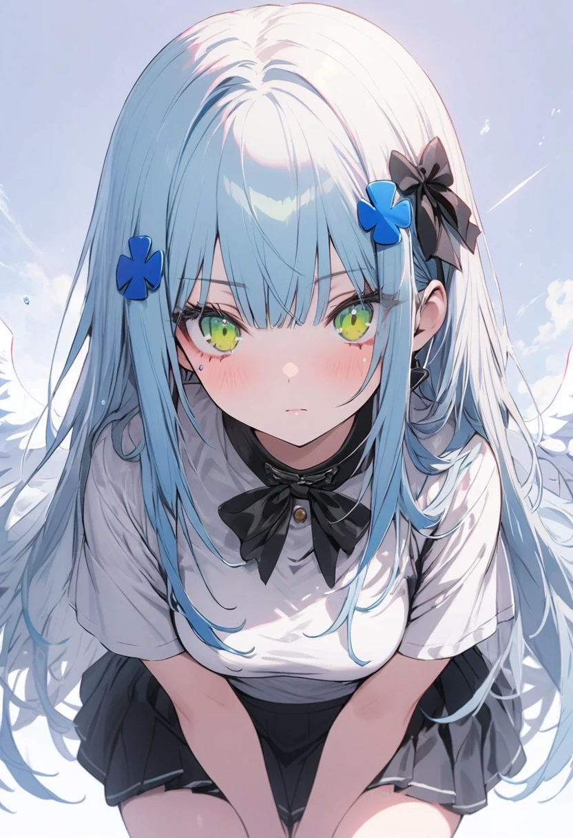 （(One girl)），K,Super detailed,(((High resolution)))，straight hair,Large Breasts,(masterpiece)，Very detailed，Simple Background，childish appearance,A sharp expression,White Background，Cool look,((hk416)) ，(Expressionless)，（(sky blue hair))，((Long Hair))，Teenage Girls,Clear Eyes，(Green Eyes),Clear white skin,Great graphics,White shirt,full body,mini skirt,standing,garter,clear,Thighs,Beautiful feet,