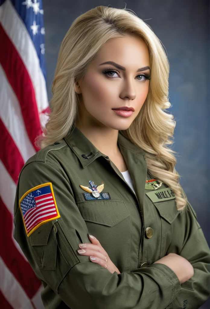 A beauty woman with blonde hair and a United States military clothes