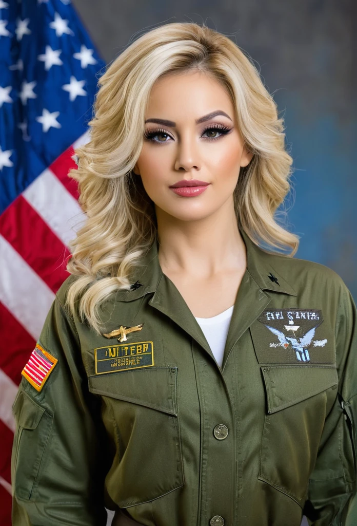 A beauty woman with blonde hair and a United States military clothes