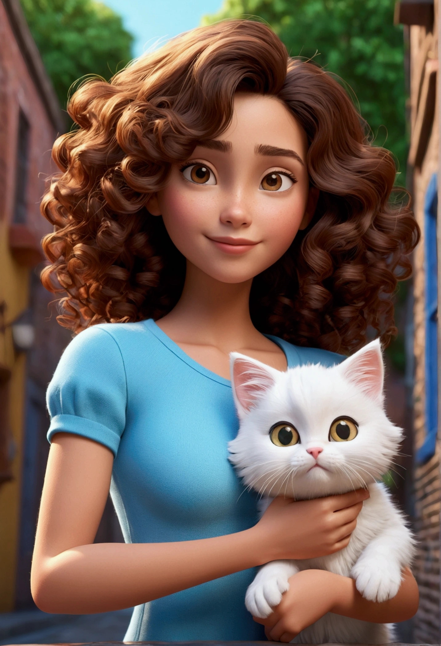 cartoon character of a with big curly hair, brunette skin, holding a white kitten, animation character, stylized character, animation style rendering, 3d stylized, Arnold Maya render, 3 d render stylized, toon render keyshot, 3d character, 3d character, 3d rendering stylized, 3 d character render, cartoon character, Personagem de close up, character posing, (Pixar-style) (master part:1.2) (bokeh) (best quality) (skin detailed) (detailed texture) (8k) (Argilla) (Cinematic lighting) (sharp focus uma loja de maquiagens com o nome Emilly beauty com uma morena de cabelos cacheado de costas