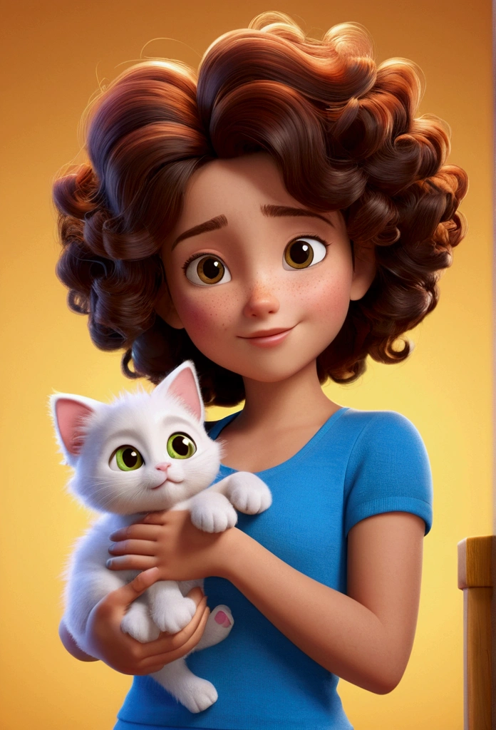 cartoon character of a with big curly hair, brunette skin, holding a white kitten, animation character, stylized character, animation style rendering, 3d stylized, Arnold Maya render, 3 d render stylized, toon render keyshot, 3d character, 3d character, 3d rendering stylized, 3 d character render, cartoon character, Personagem de close up, character posing, (Pixar-style) (master part:1.2) (bokeh) (best quality) (skin detailed) (detailed texture) (8k) (Argilla) (Cinematic lighting) (sharp focus uma loja de maquiagens com o nome Emilly beauty com uma morena de cabelos cacheado de costas