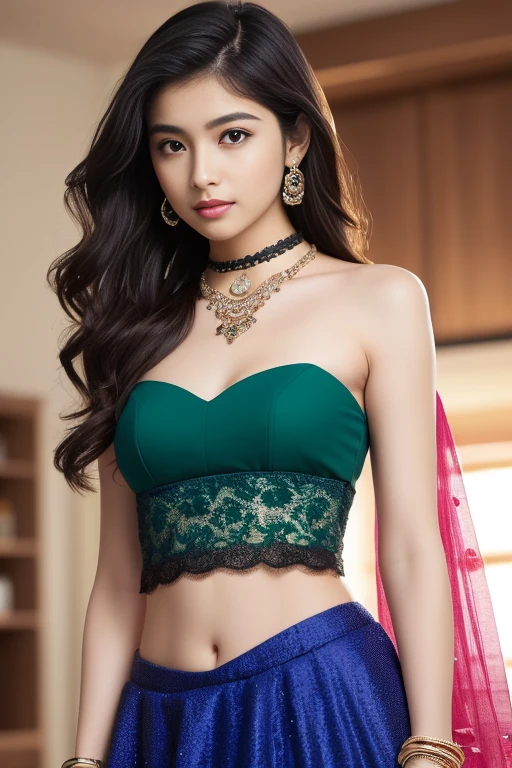 ((Medium breasts, )), (Well-defined abs : 1.1), (Perfect body : 1.1), full-length photo, (Ripped tube top:1.3), (Extremely detailed CG 8k wallpaper), (Extremely delicate and beautiful), (masterpiece), (best quality:1.0), Delicate skin, Extremely detailed photorealistic, 1girl, ((slim body)), long hair, gradient hair, solo, detailed eyes, jewelry, bracelet, choker, small breasts, looking at viewer, realistic, necklace, (((green princess))), long skirt, thigh highs, green cape, sardine, lace, evening, sunlight, clouds, in the sky, clouds, realistic sun light,, detailed, upper body,4K, Ultra-high resolution, masterpiece, 1 girl, Nice face, Fine grain, Detailed lips, Very long hair, Straight hair, Very long hair, Beautiful Hair, hair Decorations, hair band, Gradient Hair, ((Indigo Lehenga)), ((Bridal Lehenga)), ((Decorative blouse)), sardine, ((Lehenga Jewelry)), ((Indigo lace)), ((Diamond Bracelets)), ((meanwhile)), Decorations, necklace, Earrings, high intensity lighting, ((Bare Belly)), Wedding Stage, Fujicolor, Depth of written boundary, Ray Tracing, Ultra-Realistic Details, Beautiful ,20 years young Indian girl healthy, confidential looking,8k,realistic, raw photo,dark brown hair,fair skin, indian,long hair,clear facial features,, very detailed, 20years old, innocent face, natural wavy hair, high resolution, masterpiece, best quality, intricate details, highly detailed, sharp focus, detailed skin, realistic skin texture, texture, detailed eyes, professional, 4k, charming smile, shot on Canon, 85mm, shallow depth of field, kodak vision color, perfect fit body, extremely detailed, foto_\(ultra\), photorealistic, realistic, post-processing, maximum detail, roughness, real life, ultra realistic, photorealism, photography, 8k uhd, photography