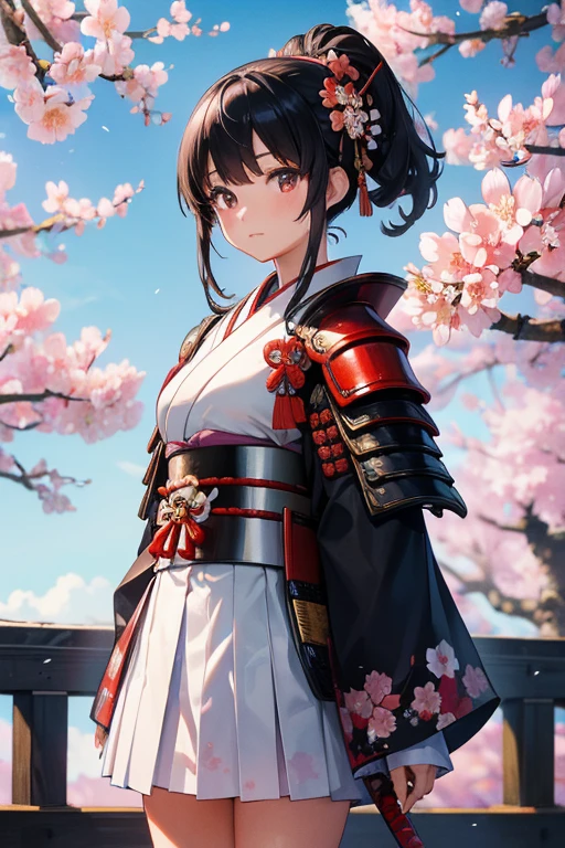 Highest quality, Ultra-high resolution, RAW Photos, Japanese style, kimono, Rin々Shii, japan, Samurai, Blooming cherry blossoms, Feel the wind, (Samurai Armor:1.1), Black Hair Girl