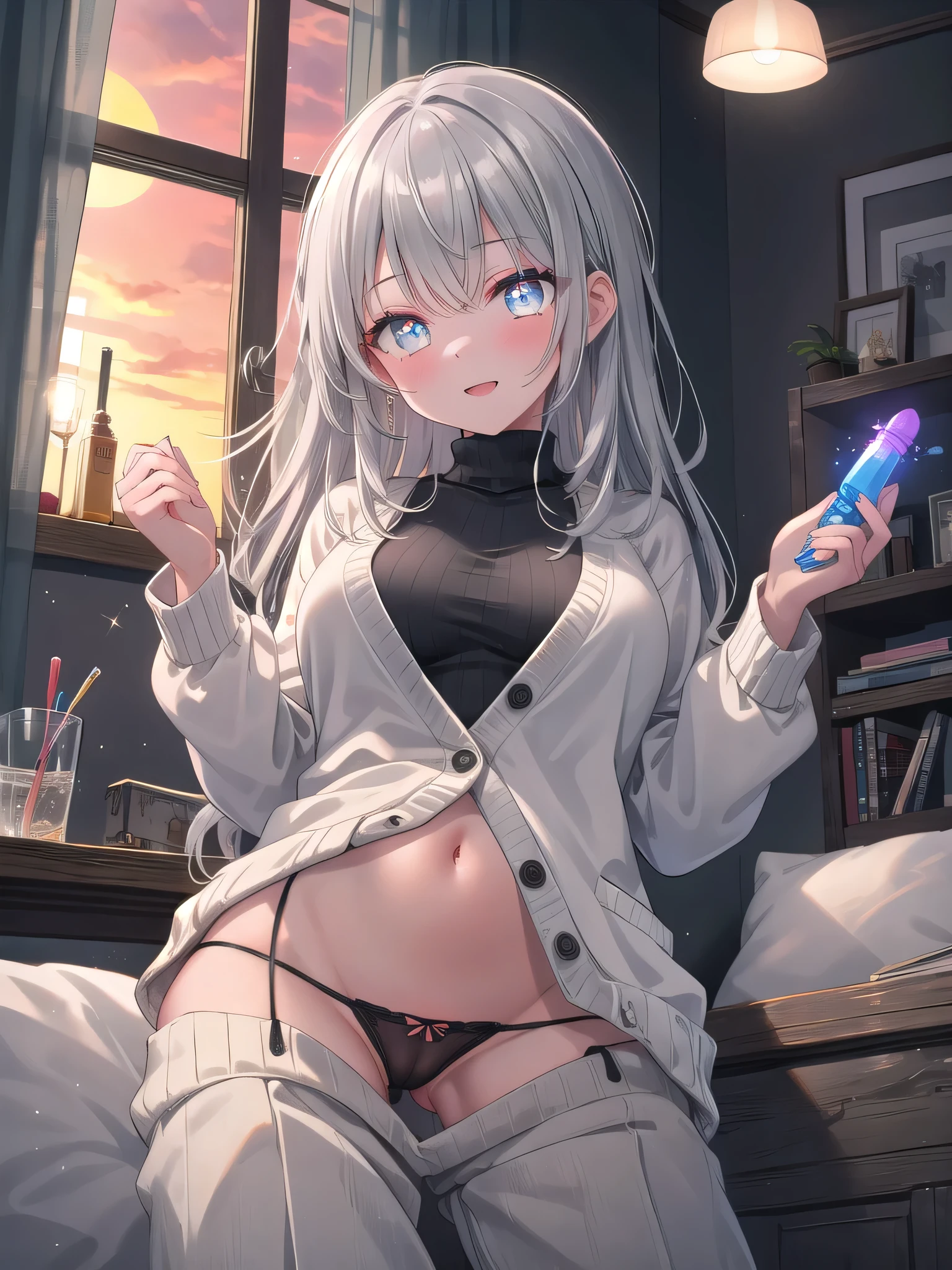 (8K, Highest Quality, Masterpiece:1.3)), Ultra High Resolution, (1 Girl, 1 Person), (Color Changing Eyes, Highly Detailed, Expressive Glow, Sparkling, Glowing Eyes), Highly Detailed Eyes, Highly Detailed Face, Random Hair, (Silver Grey Color), Exhibitionist, Black Turtleneck, White Wide Leg Pants, Grey Long Cardigan, Natural Makeup, Straight Hair, (Thong:1.2), (Ecstatic Expression:1.3), Dimly Lighted Home, Sleeping on Her Back, Angle from Below, Dildo in Pussy, Beautiful Sunset from Window, Fantastic Light,