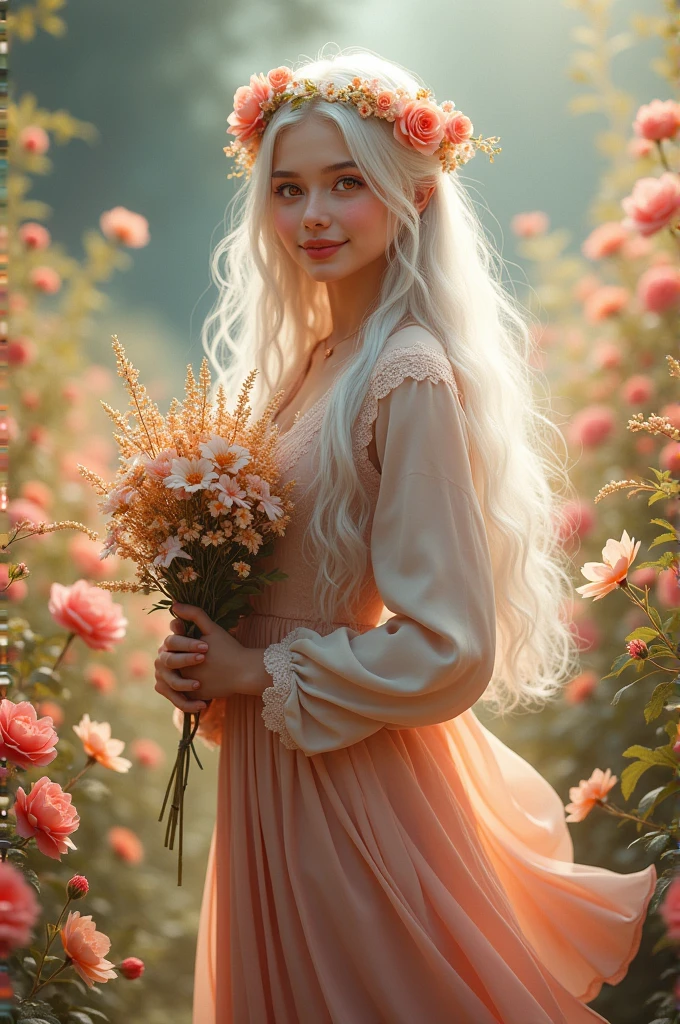 A beautiful girl in a garden, long white hair, red eyes, smiling, with bangs, wearing a skirt and blouse with long sleeves, holding a bow, closed mouth, surrounded by flowers, floral crown, holding a bouquet, central frills, bonnet, holding a flower bouquet, full body shot, on a white background, (best quality,4k,8k,highres,masterpiece:1.2),ultra-detailed,(realistic,photorealistic,photo-realistic:1.37),HDR,UHD,studio lighting,ultra-fine painting,sharp focus,physically-based rendering,extreme detail description,professional,vivid colors,bokeh,portrait