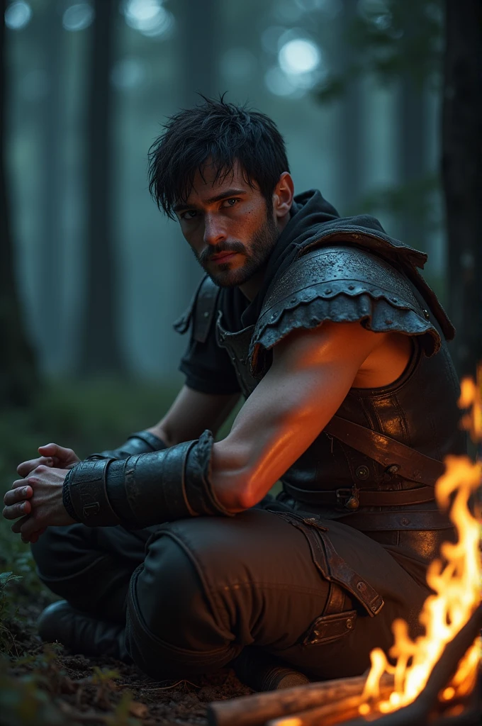 8K, RAW, best quality, masterpiece, ultra high res, colorful, portrait, (medium wide shot), (dynamic perspective), sharp focus , (depth of field, bokeh:1.3), extremely detailed eyes and face, beautiful detailed eyes, 
1man, solo, (mercenary, leather armor, wethered armor, sword in sheats, no helmet, old armor, damaged armor, dirt armor, strong body, short hair, black hair, near campfire, lean back, tree, sits across-legged, hands on knees, looking at viewer, facing viewer, right side view, forest background, dark forest, night time, fire, campfire, 