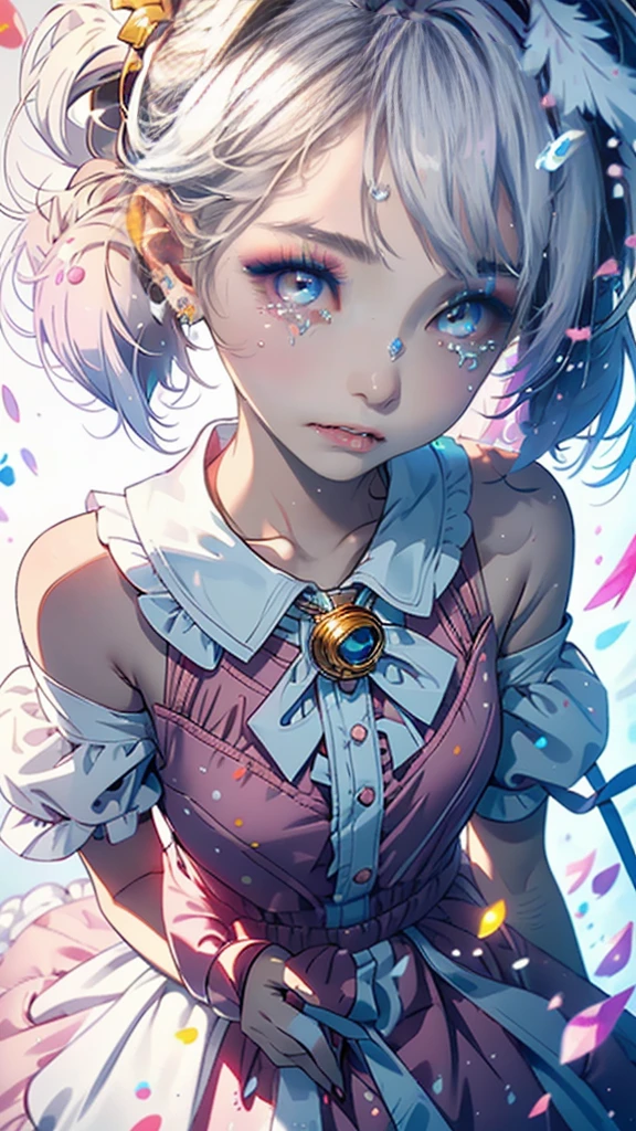 hair elastics, wince, long eyelashes, solid circle eyes, light smile, ear blush, Canine, (((by white))), make up, blush, sad, sad smile, anáglifo, atmospheric perspective, 8k, Super detail, necessary, Best Quality, Resplendent lighting, masterpiece,1 girl, ((((two short tails)))), colorful hair, flying, pink bows,((16 year old female model)), (angel halo) , (((close up))), shot at eye level, (((lolita dress))), (((plano general))), ((((( color splash ))))),(((Alone))))
