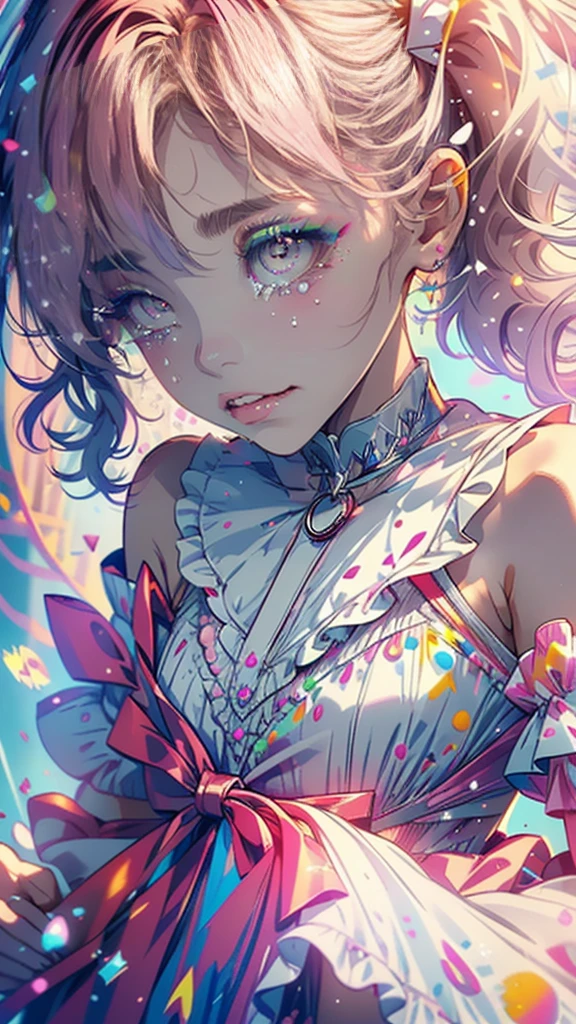 hair elastics, wince, long eyelashes, solid circle eyes, light smile, ear blush, Canine, (((by white))), make up, blush, sad, sad smile, anáglifo, atmospheric perspective, 8k, Super detail, necessary, Best Quality, Resplendent lighting, masterpiece,1 girl, ((((two short tails)))), colorful hair, flying, pink bows,((16 year old female model)), (angel halo) , (((close up))), shot at eye level, (((ta dress))), (((plano general))), ((((( color splash ))))),(((Alone))))