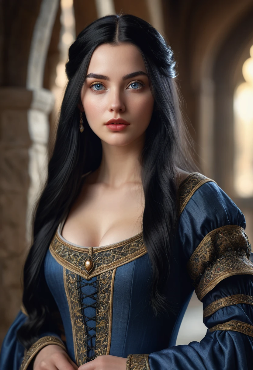 a beautiful woman, long black hair, medieval style dress, photorealistic, ultra-realistic, detailed face, detailed eyes, detailed lips, detailed hands, 20 years old, full body shot, blur background, cinematic lighting, dramatic lighting, highly detailed, masterpiece, best quality, 8k, hyper realistic, volumetric lighting, dramatic pose