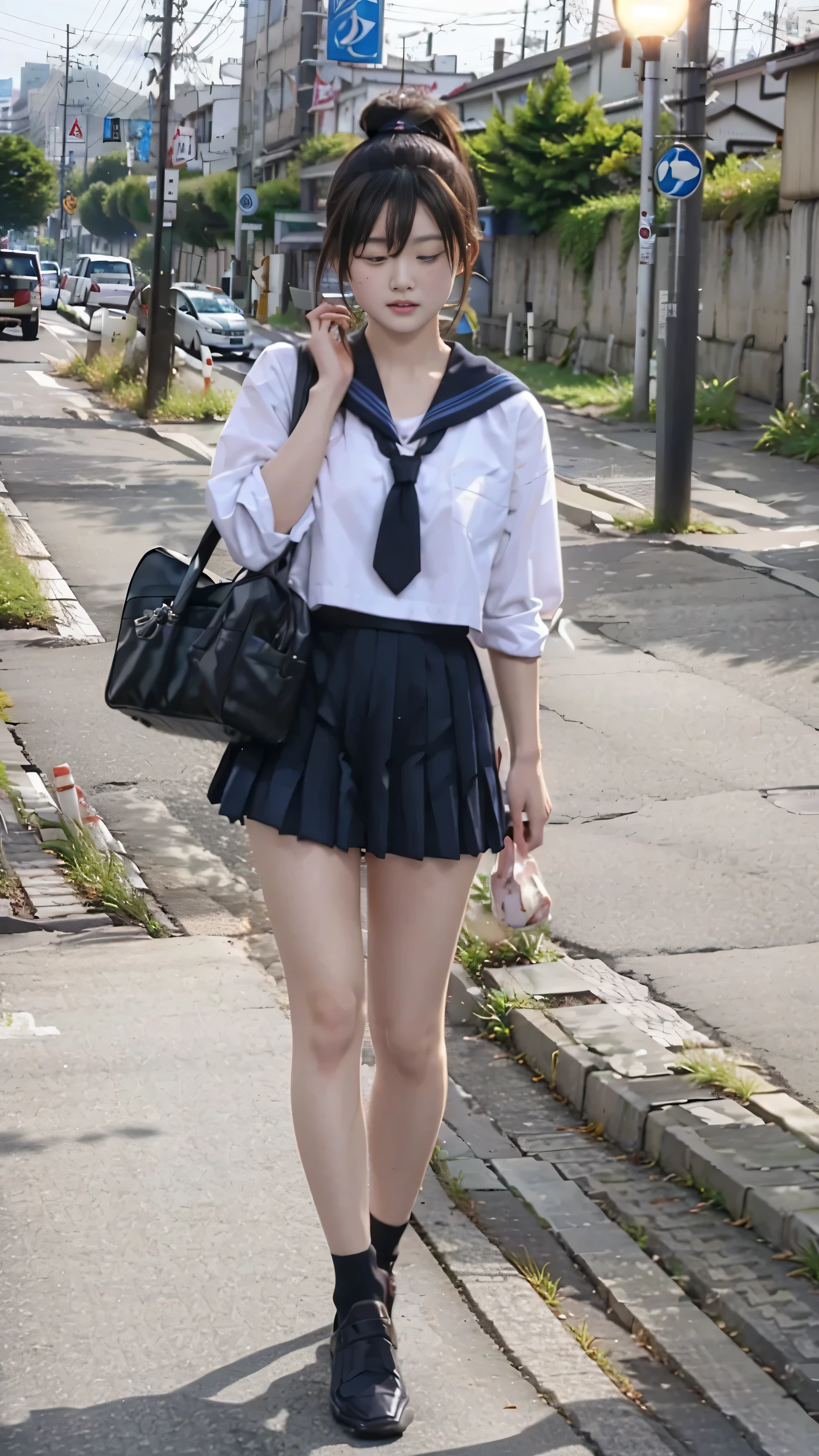 masterpiece, highest quality, realistic, RAW photo, Digital single-lens reflex camera, ((1 person)), Beautiful Japan girl at 18 years old, shiny fair skin, Realistic beautiful make-up face, realistic and beautiful eyes, double eyelid, (((anxiety, frightened eyes:1.3, fear, nervous:1, tears, cry:1.4, afraid))), (The most detailed shiny black hair and bangs), (((ponytail hair))), slim body shape, slim face, slim waist, (((H cup, large breasts))), ((serafuku)), (((Japanese student indigo sailor suit, summer clothes, pleated mini skirt:1.2, black sox:1.2, brown loafer shoes:1.2, white panty:1.2))), (((front:1.3))), Leaving school, (((quarry, moon light))), (((dark night))), ((foggy)), realistic shadow, Depth of bounds written, The best delicate and beautiful photos, ultra high resolution, 8K UHD Wallpapers, nsfw, upper half body