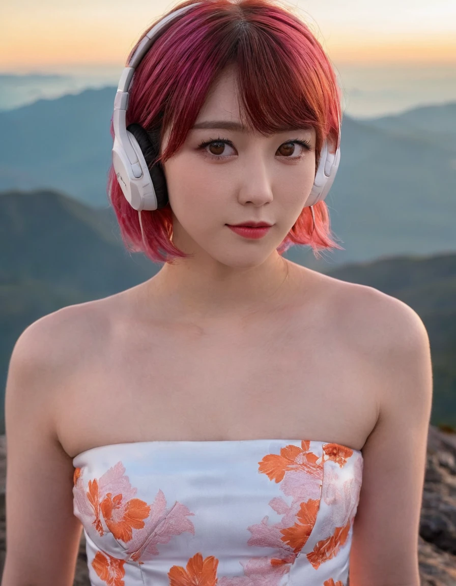 Top Quality, Masterpiece, Super High Resolution, (Actual:1.3), Original Photo, (Nature Photography), (Magnificent mountaintop, Sea of clouds), (Very wide mountain top), (Sunset), (Girl), (Upper body), (Natural Light: 1.0), (Side View: 0.0), (Cowboy Shot: 0.0), (upper body: 1.8), (Close-up: 0.8), Portrait, Cinematic Lighting, Glow, Ray tracing, reflected light, f135mm, UHD, accurate, skin texture, super detail, great detail, high quality, highest quality, 8k, (surrealism: 1.2), BREAK, (Japanese: 1.3), (22 years old: 1.0), (Small breasts: 1.2), (Long, large, slit eyes: 1.8), (Realistic eyes: 1.8), (Height at 160cm: 1.2) , (a little fat), (Transparent white skin: 1.2), (Short curly bright pink hair with bangs: 1.3), (Deep eyeshadow makeup: 1.4), BREAK, (Correct hand: 1.3), (Correct fingertips: 1.2), Sexy pose, (Place hand near cheek: 1.2), BREAK, (Big white headphones: 1.4), (Wearing an orange and white printed strapless dress: 1.3), BREAK,　seagull
