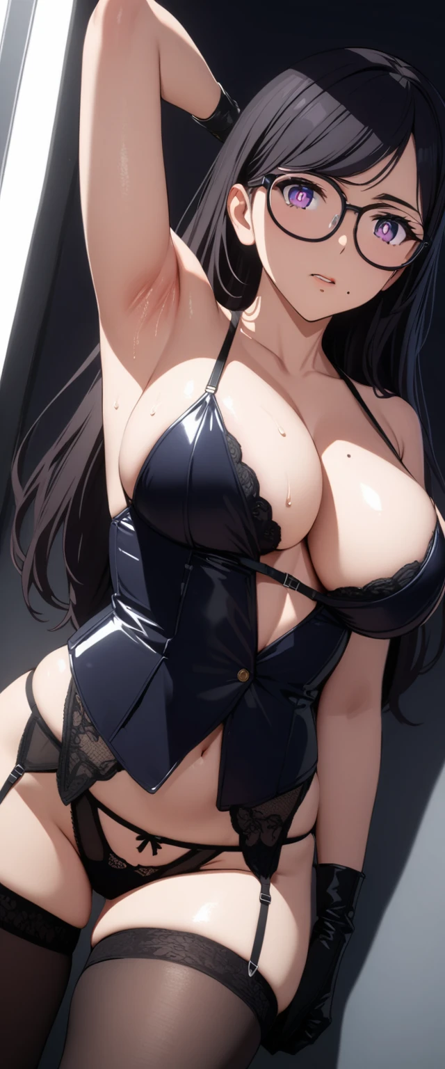 ((masterpiece, best quality, highest quality, ultra-detailed, 32K cg wallpaper, high resolution)), 1 woman,black hair,brown eye,very long ponytail hair,swept bangs,gigantic breasts,blush,smile,parted lips, reverse bunnysuit, playboy bunny ,standing,arms behind head,arms up,from left in front,open legs,sweat,bed side,