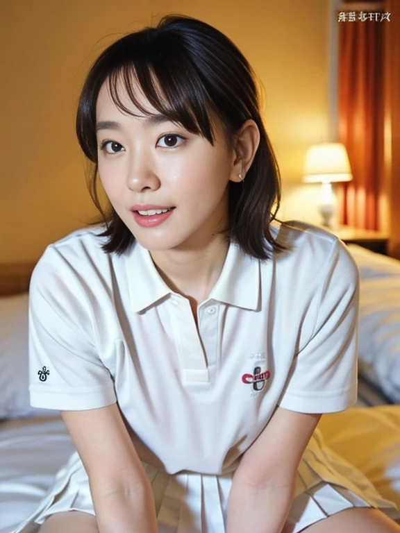 (Masterpiece, Best quality:1.3), (Ultra realistic, Photo-realistic:1.2), From above, Slender, Seductive pose, Bedroom eyes, Beautiful thighs, Natural light, 28 years old actress, Japanese 2women, Neat and clean, (Ponytail hairstyle:1.2), Short wavy hair, (Wearing white tennis uniform, White short-sleeve polo shirt:1.2), (unbutton:1.3), (Wearing White tennis pleated skirt:1.2), Wearing white sock, (Beautiful face), Oval face, clear, Beautiful eyes, Kind eyes, Clear skin, Small face, Beautiful mouth, Small mouth, Natural makeup, Approachable, Seductive smile, Embarrassed, Blush, Luxury hotel Suite room, (Sitting with Knees Up on bed, spread legs:1.2),