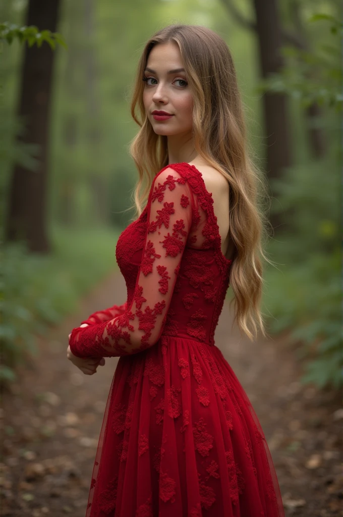 here is a woman in a red lace dress posing for a picture,intrigante transparent lacedress,in the forest, blond waist-long hair, in woods, in a tree, crimson peek, in the woods, , in nature,