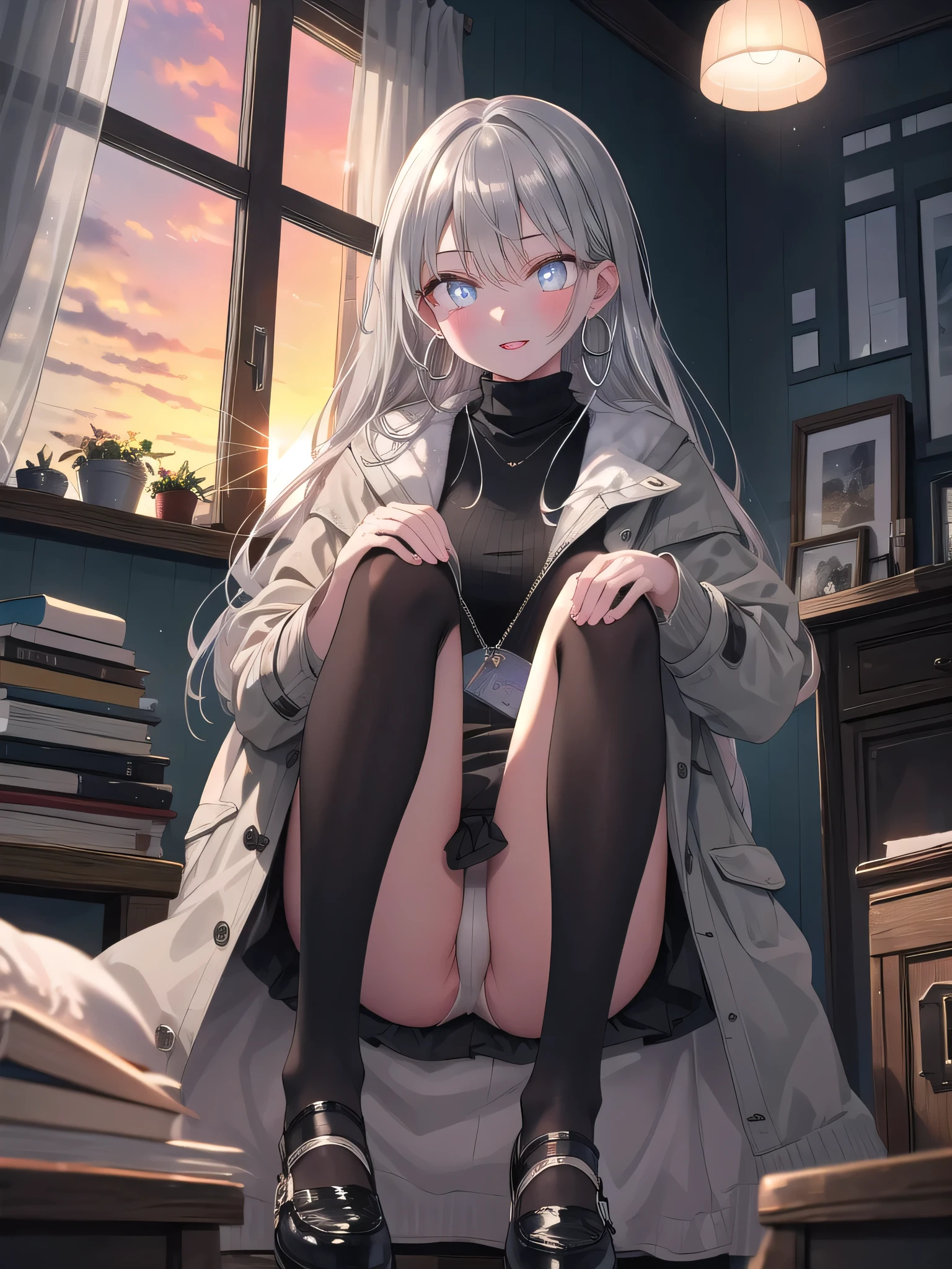 (8K, Highest Quality, Masterpiece:1.3)), Ultra High Resolution, (1 Girl, 1 Person), (Color Changing Eyes, Highly Detailed, Expressive Shine, Sparkling, Glowing Eyes), Highly Detailed Eyes, Highly Detailed Face, Random Hair, (Silver Gray Color), Revealing, Black Turtleneck, Checkered Pencil Skirt, Silver Hoop Earrings, Grey Long Coat, Red Lips, Straight Hair, (Thong:1.2), (Ecstatic Expression:1.3), Dimly Lit Home, Sitting with Legs Spread, Angled from Below, Camera Shows Her Thongs, Beautiful Sunset from Window, Fantastic Light,