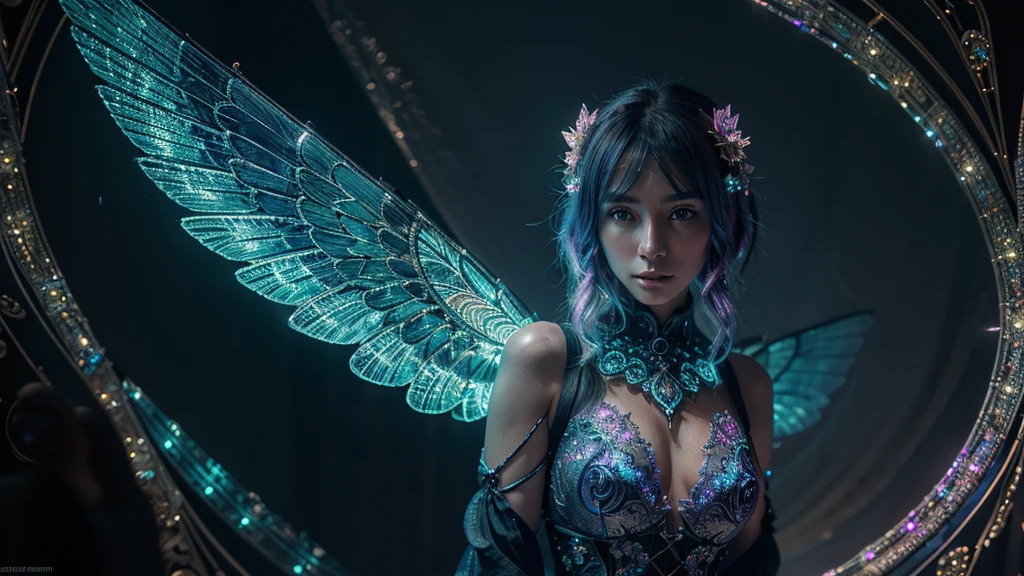 In a dimly lit, steampunk-inspired world, a neo-victorian chromatic bioluminescent creature emerges with elegance and mystery. Imagine this digital anime character as a beautifully detailed painting, showcasing its intricate design and glowing features. Its shimmering iridescent scales reflect vibrant hues of blue, green, and pink, while its delicate wings softly pulse with light. This high-resolution image captures every intricate detail, drawing viewers into the fantastical realm of this enchanting being.