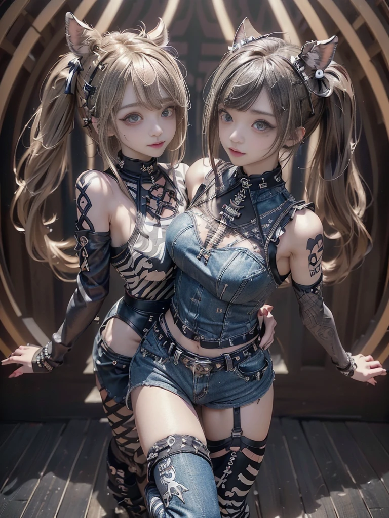 (Two Women,2 girls:1.5),(Full Body View:1.2)、(Full body:1.1)、(Smiling with teeth showing:1.3),(Shibuya Gal:1.5)、(Gothic Lolita style fashion:1.5)、(Punk RockVisual Kei:1.5)、(Wearing a rhythmic gymnastics bodysuit made of denim and black and white detailing:1.4)、(Racing suit and shorts in beige, denim and charcoal with intricate details:1.5)、(Denim and black and brown long boots:1.3)、(Denim and beige knee socks:1.3)、((belt))、(Numerous delicate logo marks all over the costume:1.4)、(collar:1.3)、(Zebra pattern underwear:1.5)、20-year-old、NSFW、((Highest quality、In 8K、masterpiece:1.3))、Sharp focus:1.2、(Layered Cut、Huge boobs:1.1),Beautiful woman with perfect figure:1.4、(do a gravure pose:1.3)、Slender Abs:1.2、Highly detailed face and skin texture、Detailed eyes、double eyelid,(Twin tails:1.3)、(Brown-golden hair:1.3)、Gravure idol、(The two of them pose together:1.3)、(The background is a vast mountain々Beautiful European tourist destinations:1.3)、(Slim Body:1.3),(Make your legs thinner:1.4),（clavicle:1.1）