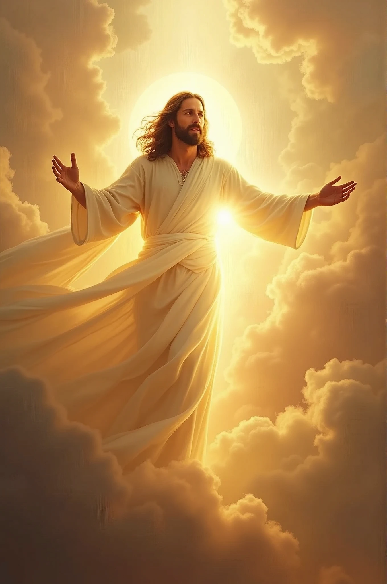 "Create a majestic and ethereal scene depicting the moment the Spirit of God breathes life into Jesus. The Spirit should appear as a radiant, glowing figure with flowing, luminous robes, and a halo of divine light. Jesus, depicted with a serene and reverent expression, should be enveloped in a soft, golden light as the breath of life enters him. The background should be a celestial, heavenly landscape with soft clouds and a warm, glowing light, symbolizing the divine presence and the sacred nature of this moment. The overall atmosphere should be one of awe, reverence, and divine grace."