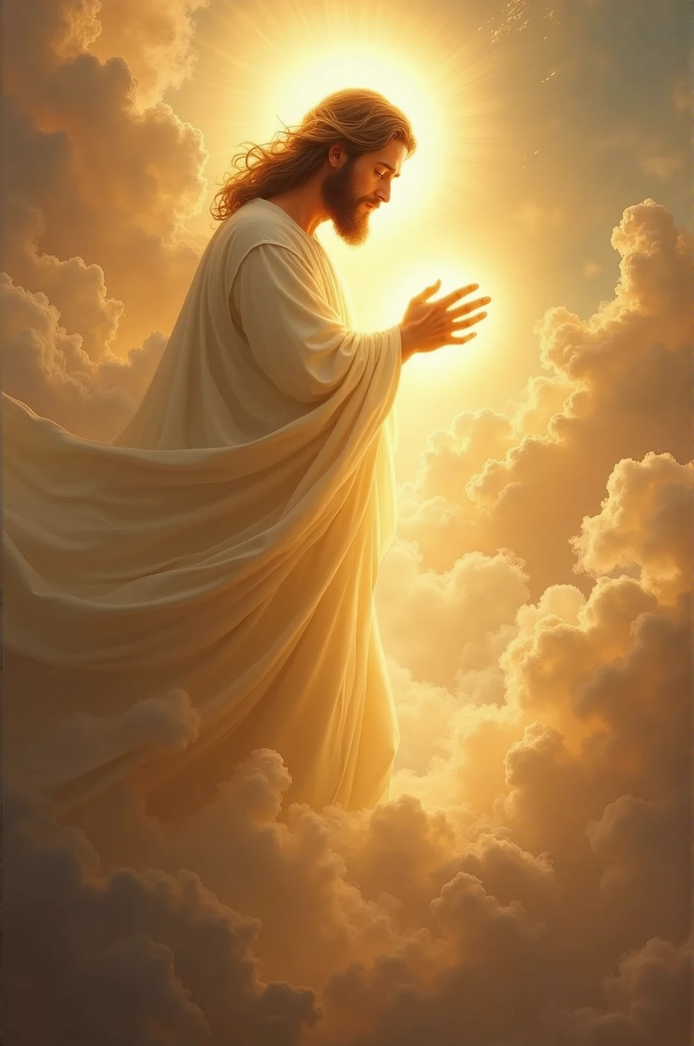 "Create a majestic and ethereal scene depicting the moment the Spirit of God breathes life into Jesus. The Spirit should appear as a radiant, glowing figure with flowing, luminous robes, and a halo of divine light. Jesus, depicted with a serene and reverent expression, should be enveloped in a soft, golden light as the breath of life enters him. The background should be a celestial, heavenly landscape with soft clouds and a warm, glowing light, symbolizing the divine presence and the sacred nature of this moment. The overall atmosphere should be one of awe, reverence, and divine grace."