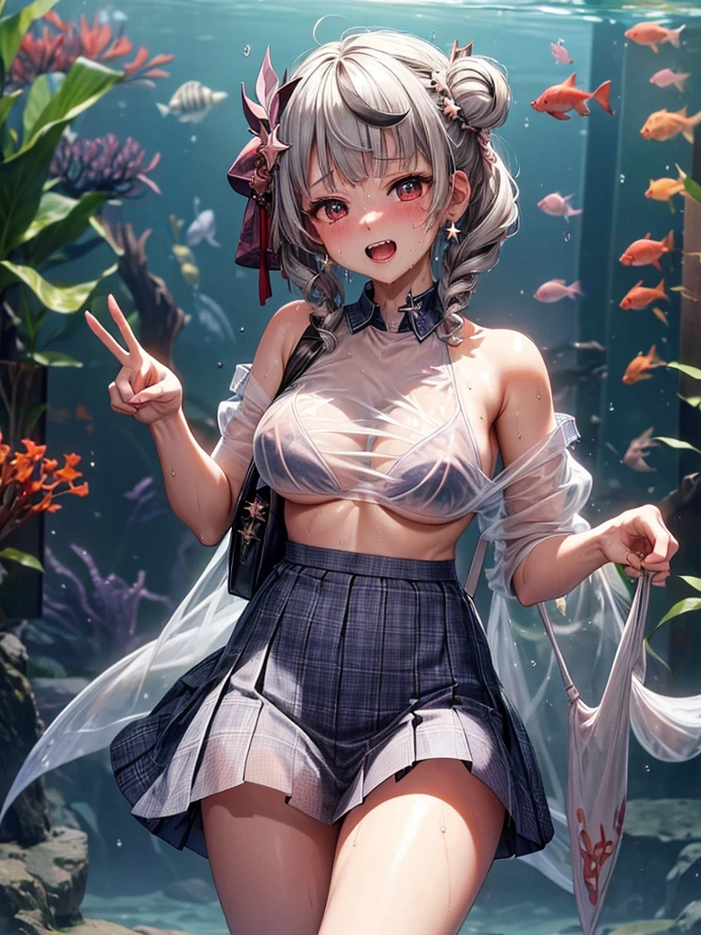 (highest quality)), ((masterpiece)), (family friendly), Perfect Face,Shiny skin,Beautiful breasts,Shiny skin、Kyoto Animation style painting、、(((Double teeth)))、Sunburned skin、night、((peace sign))
、Belly button、cyber punk、、Prone、{school uniform,Short sleeve shirt,BREAK,(Checked skirt:1.2),、(((See-through)))、(((sweat)))、(((Wet)))、(((Close Contact)))、(((aquarium)))、(((close)))、(((breast grab))),(((Young)))、(((shoulder bag)))、(((Star-shaped earrings)))、