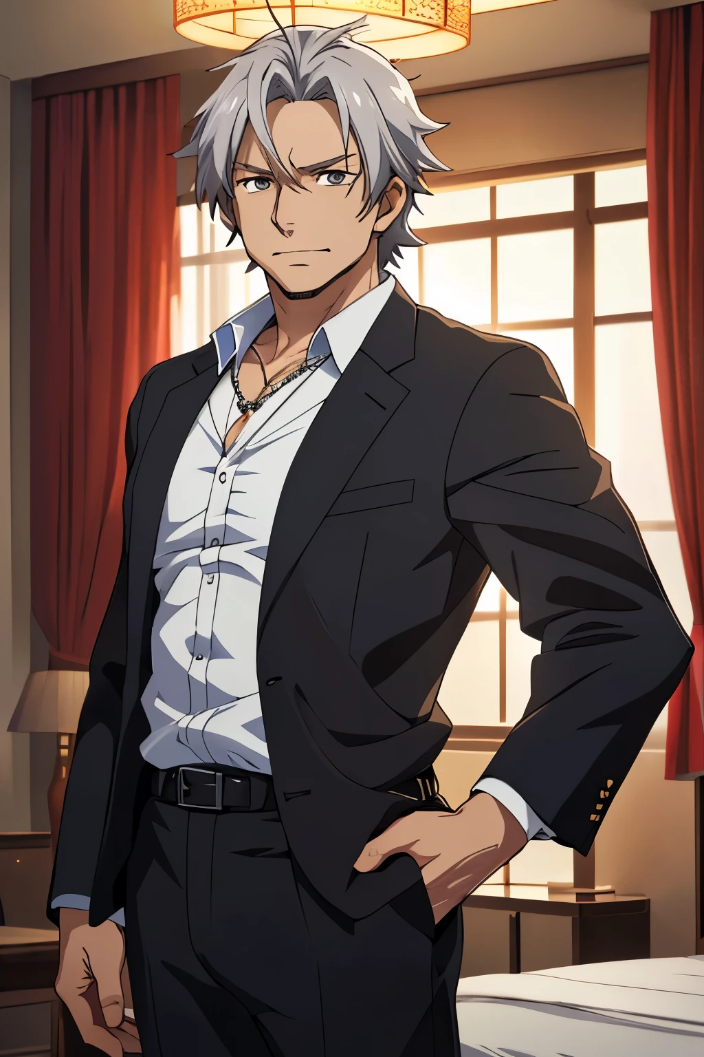 (((masterpiece、Anime Style、high resolution、high quality、Delicate、Ultra-high resolution、８ｋ)))Japanese men、６５age、Gray Hair、elder、Wrinkles、Black suit、WhiteＹshirt、accessories、necklace、Inside the Hotel