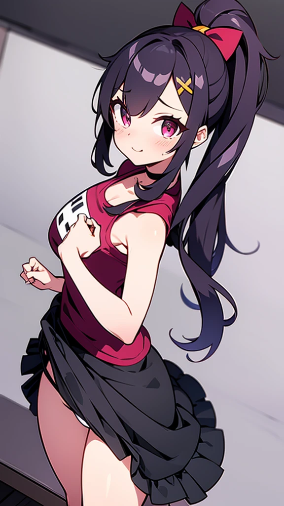 High tail hairstyle, two Ponytail hairstyle, Ponytail hairstyle, Long wavy black hair, standing posing, anime girl style, pixel art anime style,penetrating look with deep eyes,red and purple eyes, hair with a ponytail hairstyle trapped with a big red bun, women, red hair clips, x color shaped hair clips , smiling face blush, next to his bed, Skirt, tank top, Black hair, big thighs, NSFW, Skirt fluttering in the wind, perfect panty, from above, viento levantando su Skirt haciendo que se le vea el panty, hands in fist , Skirt fluttering in the wind, Skirt levantada,
