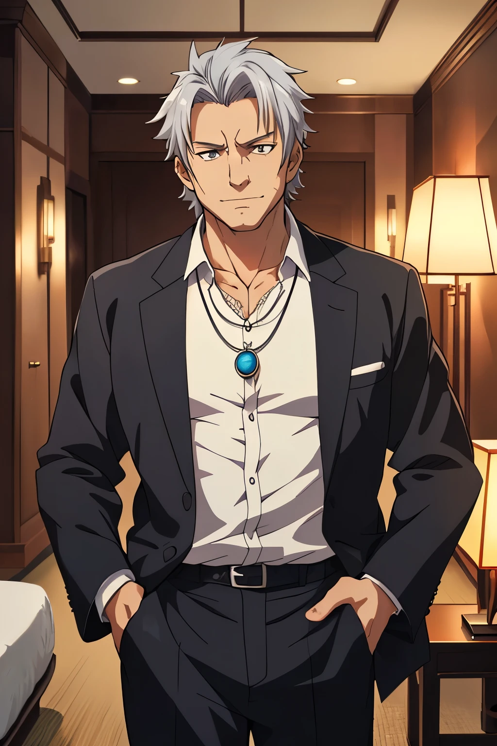 (((masterpiece、Anime Style、high resolution、high quality、Delicate、Ultra-high resolution、８ｋ)))Japanese men、６５age、Gray Hair、elder、Wrinkles、Black suit、WhiteＹshirt、accessories、necklace、Inside the Hotel