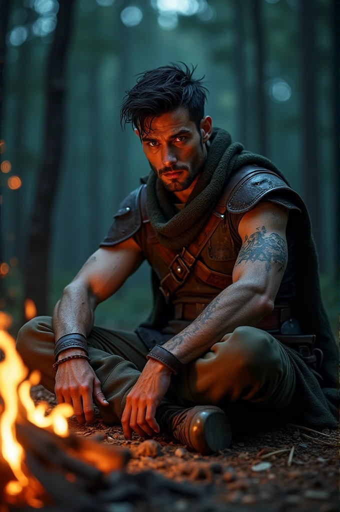 8K, RAW, best quality, masterpiece, ultra high res, colorful, portrait, (medium wide shot), (dynamic perspective), sharp focus , (depth of field, bokeh:1.3), extremely detailed eyes and face, beautiful detailed eyes,
1man, solo, (mercenary, leather armor, wethered armor, sword in sheats, beside helmet, old armor, damaged armor, dirt armor, strong body, short hair, black hair, near campfire, lean back, tree, sits across-legged, hands on knees, looking at viewer, facing viewer, right side view, forest background, dark forest, night time, fire, campfire,