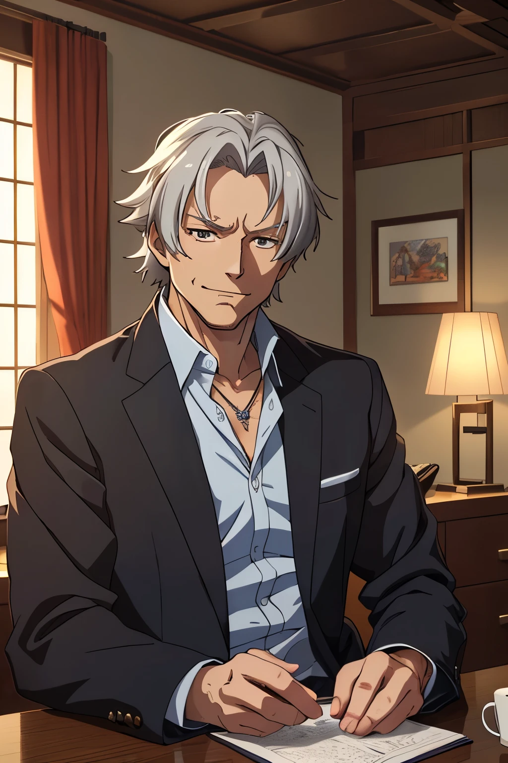 (((masterpiece、Anime Style、high resolution、high quality、Delicate、Ultra-high resolution、8k)))Japanese men、65age、Gray Hair、elder、Wrinkles、Black suit、WhiteYshirt、accessories、necklace、Inside the Hotel