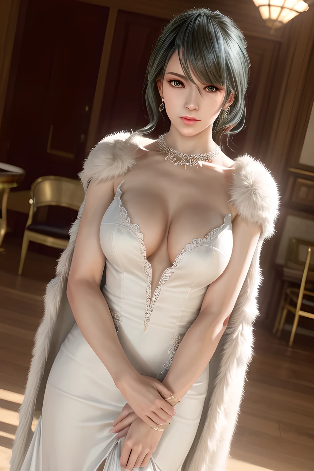 A lady with extraordinary temperament, she stands in a modern indoor space, as if she is a model from a fashion magazine. She is wearing a (pure white long fur cape), the softness and luster of which makes her look more noble under the light, and complements her (beige dress) underneath, showing her gentle temperament while maintaining a sense of fashion. The style of the dress is simple and generous, a perfect match, and it lengthens her figure, making her tall and charming. The lady's makeup is delicate and elegant, which just highlights her facial features and makes people unforgettable at first sight. Although the earrings and necklace she wears are not ostentatious, they add a bit of sophistication and nobility to her overall look. Her hair is casually draped over her shoulders, and every strand of hair exudes a natural luster,, (best quality,8k,highres,masterpiece:1.2),ultra-detailed,(realistic,photorealistic,photo-realistic:1.37),studio lighting,ultra-fine painting,sharp focus,physically-based rendering,extreme detail description,professional,vivid colors