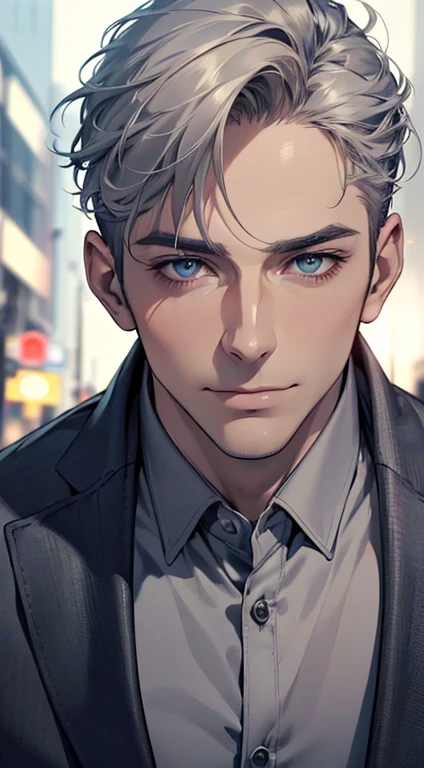(best quality,4k,8k,highres,masterpiece:1.2),ultra-detailed,(realistic,photorealistic,photo-realistic:1.37),1 man,31 years old,mature man,very handsome,without expression,smile,short grey hair,blue eyes,penetrating gaze,perfect face without errors,imposing posture,businessman,office background,cinematic lighting,hdr image