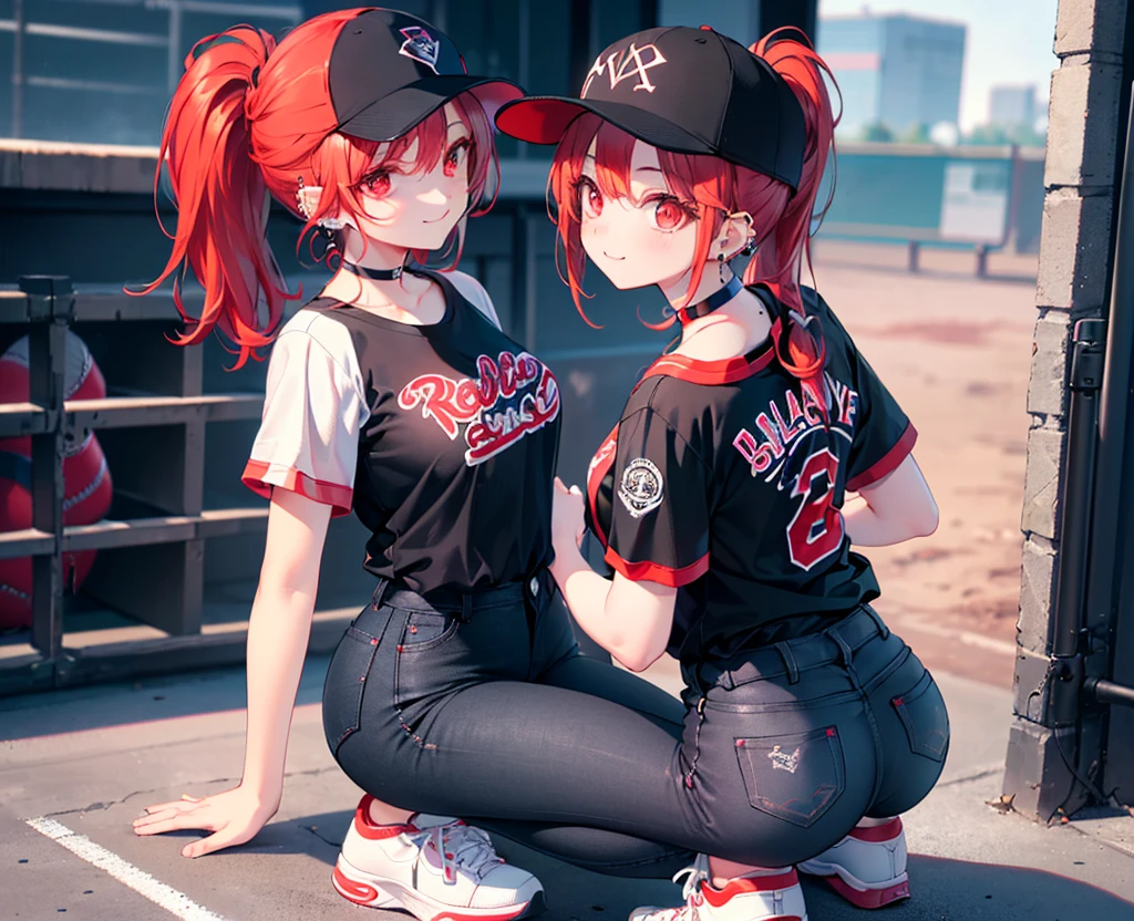 (Close-up:1.3),Realistic,Highest quality, Ultra Detail, High-quality CG rendering, The most delicate and beautiful, Floating softly, High resolution, (1 girl), (Highest quality,4K,8k,masterpiece:1.2),(All red hair:1.5), (ponytail:1.5),(Red eyes:1.5),(Slightly larger breasts:1.2), (Oversized black short sleeve t-shirt:1.5),(Black skinny jeans:1.5),(Black baseball cap:1.5),In the city,old buildings,Narrow back alley,(Turn your back to your audience:1.3),Butt,smile,(Piercing in left ear:1.3),(Pitch black choker:1.5),(White sneakers:1.3)