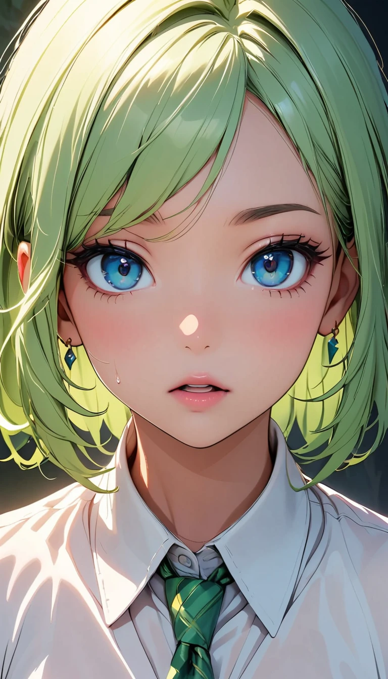 hot gaze, cute, green hair, Rui々Beautiful lips, Glossy, Open Mouth, Leaking sigh, Ultra-high resolution, Accurate, Textured skin, Face Up Shot, Surrealism, The beauty and danger of growing from a girl to an adult, A symbol of miraculous beauty.