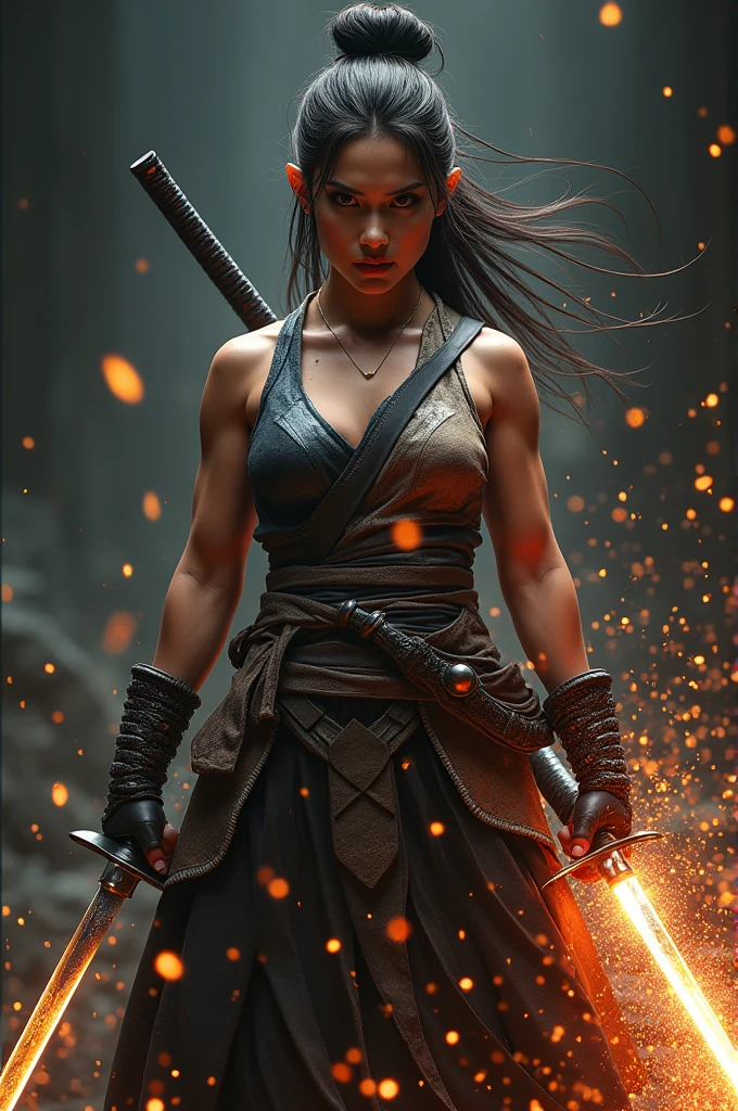Ultra HD，1 Full body shot of a female warrior holding a Japanese samurai sword，Sparks flew around me