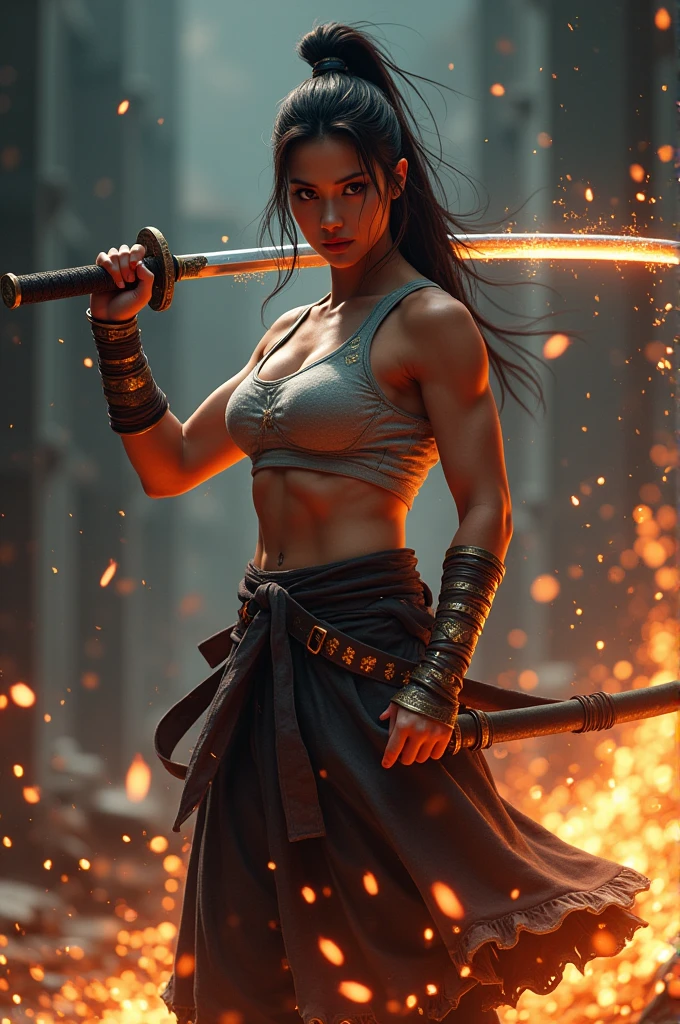Ultra HD,1 Full body shot of a female warrior holding a Japanese samurai sword,Sparks flew around me