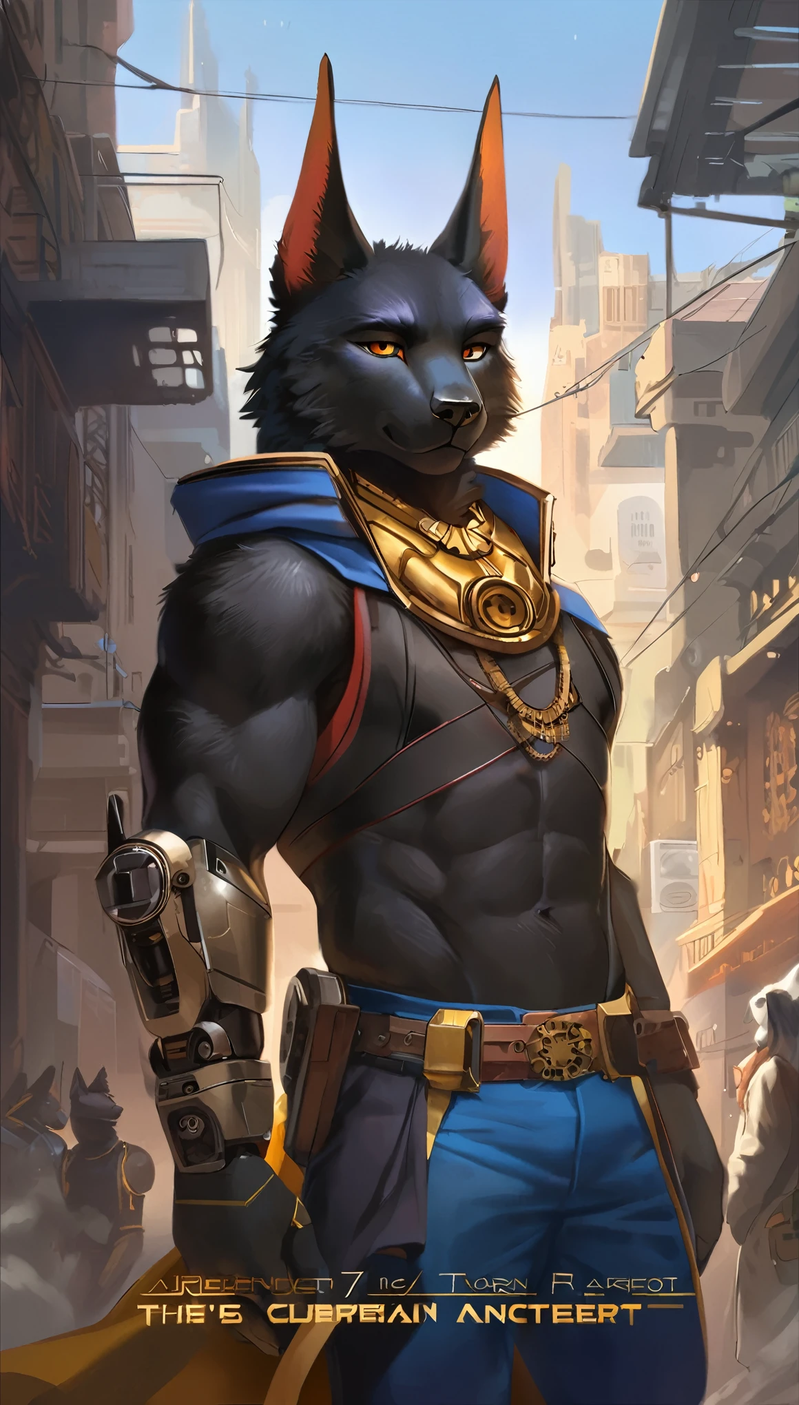 cover page, highres, top quality, best quality, paid reward available, unparalleled masterpiece, perfect artwork, absurdres, High-quality illustrations by Johannes Vermeer, Dark_Fantasy, Cyberpunk, steam punk(super handsome boy, muscular, single, black fur, anubis, kemono)Mechanical marvel, Robotic presence, Cybernetic guardian, robotic arm, wearing a worn-out mech tank top, intricate(steel metal, rusty)(furry anthro:1.7)(Furry body, anubis facial features, anubis body features)elegant, clear focus, shot by greg rutkowski, soft lighting, vibrant colors, masterpiece((street))cowboy shot, dynamic angle,