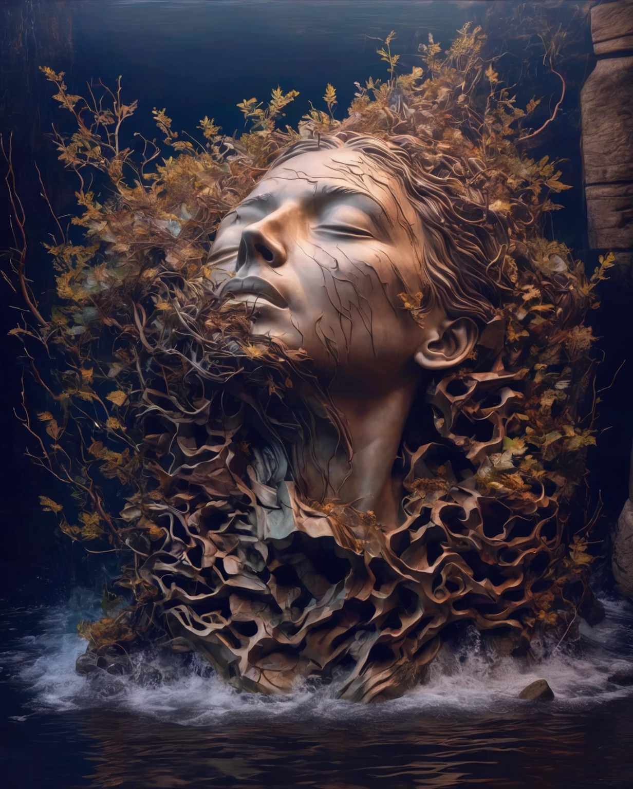 In the style of Cante art, portrait, Exquisite and detailed,Giant head sculpture falls into water,Great Wilderness,Dental teeth,old,Dead Branches,Philip Hodas's Artistic Style,The Veil of the Human Soul, realism ,BDO works by American digital artist Stuart Lippincott,Use advanced toning and shading,Creates a dazzling and mysterious light,Deep spatial pattern and mysterious atmosphere,Building a sci-fi mechanical world,Highlighting the insignificance of human beings,And the fear of the unknown,Minimalist Art,fantasy,Surrealism,Chinese style poet's face