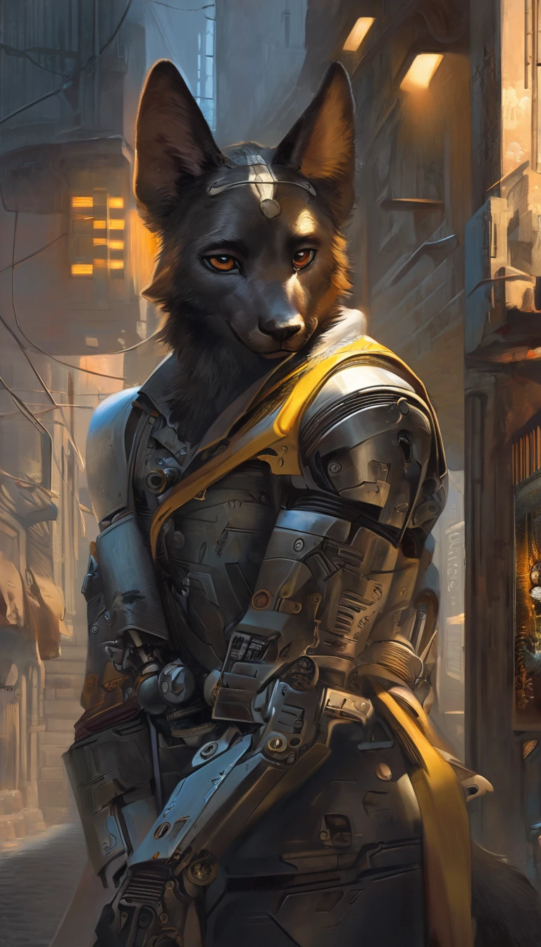 cover page, highres, top quality, best quality, paid reward available, unparalleled masterpiece, perfect artwork, absurdres, High-quality illustrations by Johannes Vermeer, Dark_Fantasy, Cyberpunk, steam punk(super handsome boy, muscular, single, black fur, anubis, kemono)Mechanical marvel, Robotic presence, Cybernetic guardian, robotic arm, wearing a worn-out mech suit, intricate(steel metal, rusty)(furry anthro:1.7)(Furry body, anubis facial features, anubis body features)elegant, clear focus, shot by greg rutkowski, soft lighting, vibrant colors, masterpiece((street))cowboy shot, dynamic angle,