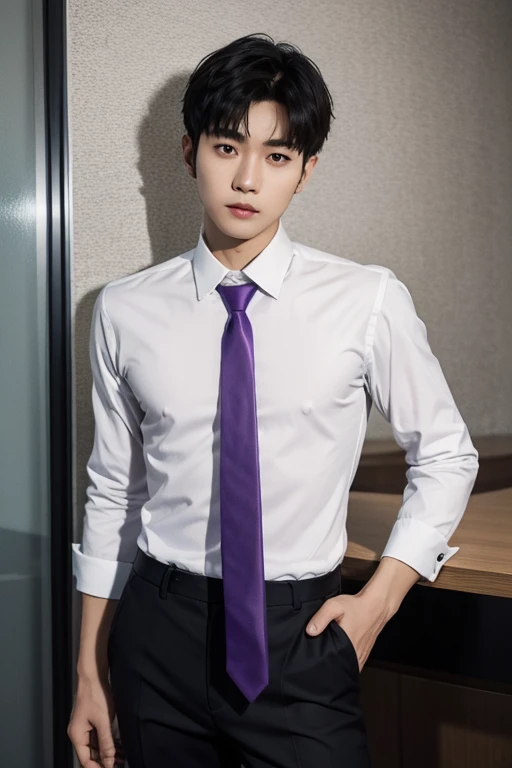 solo , 1man , thai man Short hair , white shirt with collar , purple necktie , black Long pants