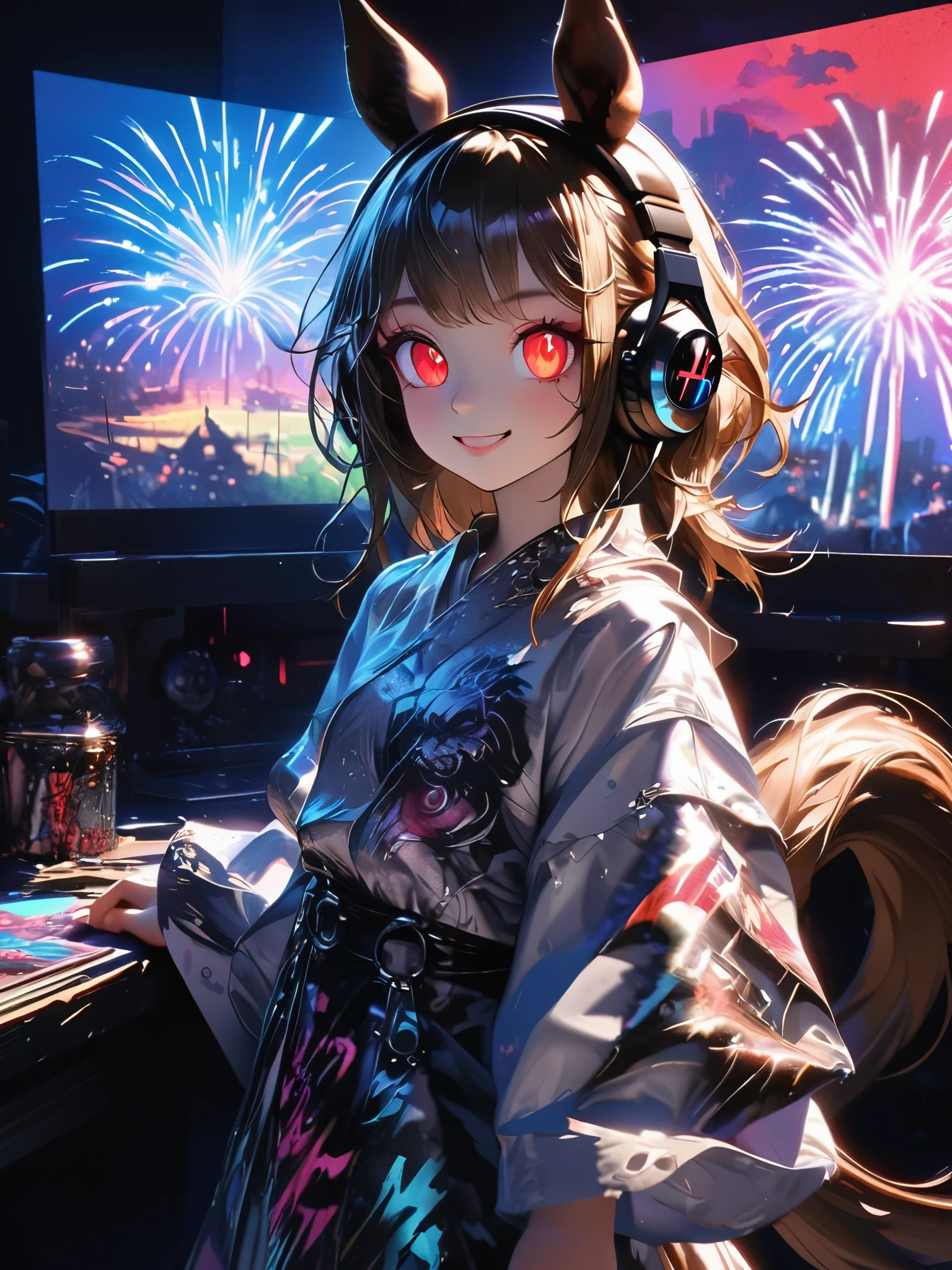 1 girl, chromatic aberration, Written boundary depth, Soft Light, masterpiece, Highest quality, complicated, Tone Mapping, Very detailed, Art Station, Concept Art, Smooth, Clear focus, Dramatic lighting, Very detailed artwork, movie, super practical painting, Art Station's trending, 8k, Incredible Shadows, practical, (Very detailed background:1.0), whole body, View, Viewers, Very detailed portrait of one girl 1, standing on street corner, Heavy rain and lightning、Dark Sky, neon and cyber punk background, she is dressed in punk clothing with silver chains and silver spikes, Her hair was dyed light brown............，The middle part is black, She is wearing headphones, Detailed red eyes with clear pupils, Ominous aura of light, smile, punk, ciber punk, Backlight.Has horse ears、There is a horse tail,Approaching the horse.No headphones needed、More Horses.Wear a white yukata.Fireworks Viewing.The background is a festival、Fireworks are going off.