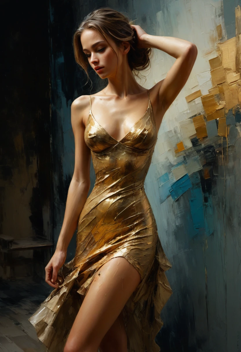 Jeremy Mann. (woman fashion stunning dress painting) masterpiece. Impasto oil painting, textured. Saturated deep colors. High contrast. Detail. Multi-layered image with cellular shadows, golden ratio, award winning, highly detailed, centered, drawn, complex, volumetric lighting, beautiful, masterpiece, depth of field, perfect composition, palette knife and brush strokes, Artistic style Ivan Slavinsky artist. (woman Figure painting) masterpiece. Full body of beautiful woman in dress. Dance, Extravagant fashion. Impasto oil painting, textured. Saturated deep colors. High contrast. Detail. Multi-layered image with cellular shadows. Beautiful face, Perfect anatomy, golden ratio, award-winning, highly detailed, centered, drawn, complex, volumetric lighting, beautiful, masterpiece, depth of field, perfect composition, high resolution 8K, palette knife and brush strokes, style Ivan Slavinsky.