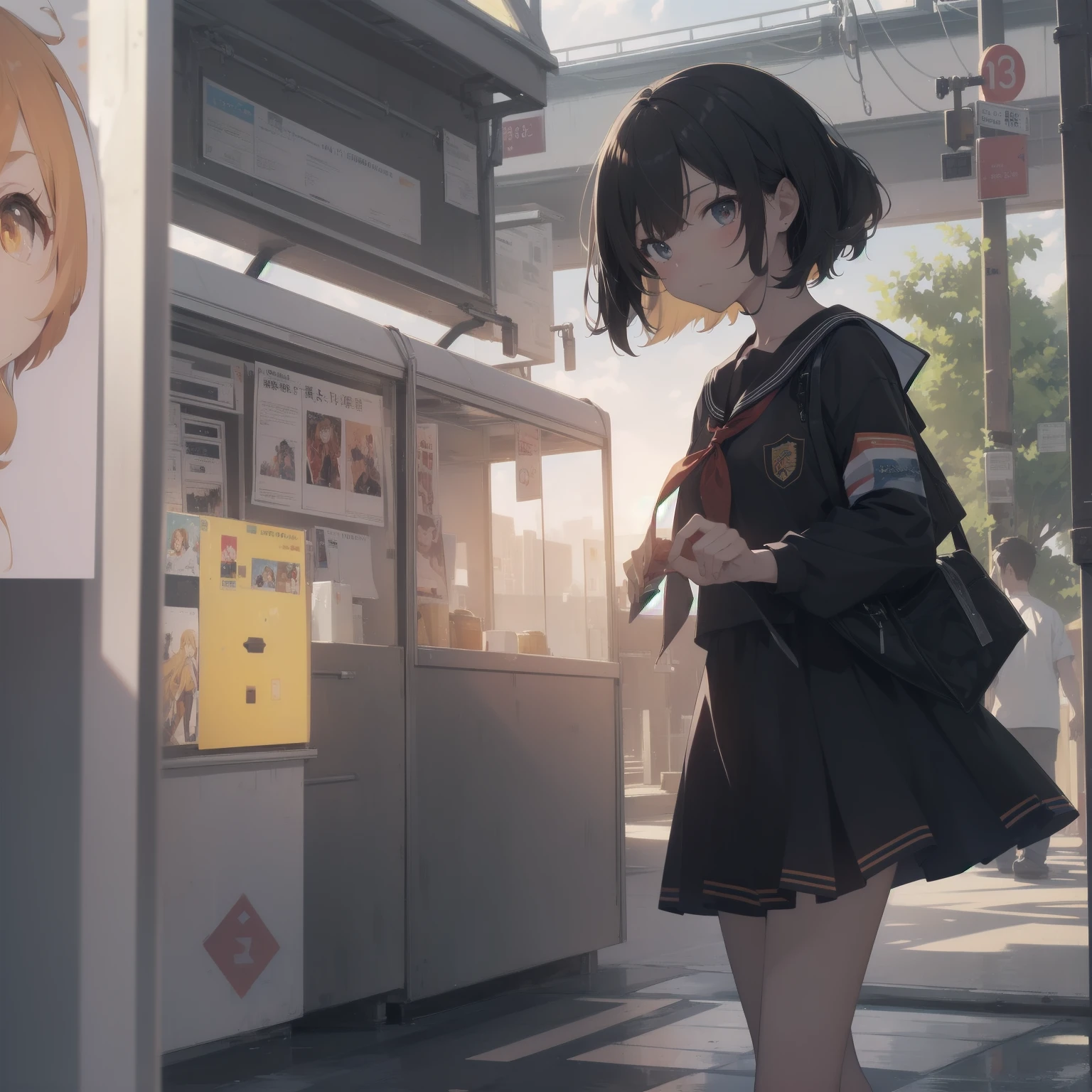 ultra-absurdres-Top quality by artist God, ultra-detailed, high resolution, anime moe artstyle, best anime 8k konachan wallpaper, pixiv contest winner, pool:2810, perfect anatomy,break, 1girl, (Please draw a girl walking sleepily to school alone. )break,(Solo,little female, 13-year-old:1.3),Full limbs, complete fingers,a junior high school student, (very short hair), short cut, flat chest, , small butt, small black eyes, beautiful detailed eyes, well-proportioned iris and pupils, expressive eyes, highres detailed hair, soft expression, salor school_uniform, sailor collar, serahuku, bow, pleated skirt,(Detailed Lighting), (Detailed background), in the School commute route. break,super detailed skin, Best cinematic lighting powered by famous artist, 8k,beauty illustration,photoshop_(medium),very aesthetic,break,((artist:yd_(orange_maru) )), artist:clamp ,artist:carnelian ,artist:kantoku ,